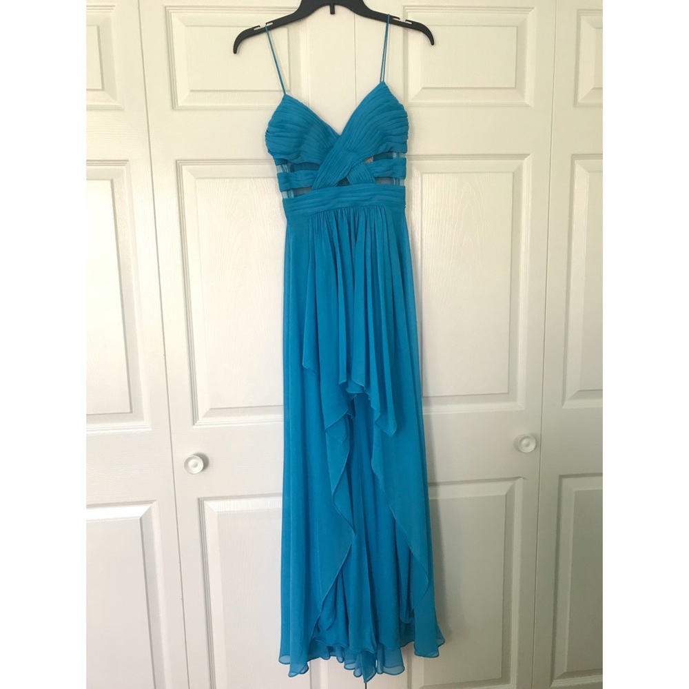Hailey Logan by Adrianna Papell Blue High Low Gown with Sheer Cutouts